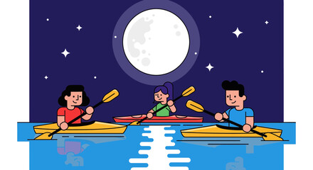 Kayak Night Voyage Under A Crescent Moon With Friends Enjoying The Water