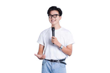 Youthful Speaker: A young individual with glasses and holding a microphone, captivates attention as a speaker. They confidently convey a message, radiating charisma.