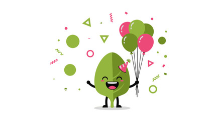 Joyful Leaf Creature Celebrating a Milestone With Balloons and Festive Decorations