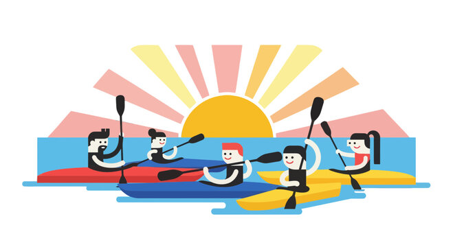 Kayak Adventures: Group Paddling Under a Vibrant Sunrise or Sunset Concept Illustration