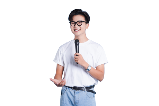 Youthful Speaker: A young individual with glasses and holding a microphone, captivates attention as a speaker. They confidently convey a message, radiating charisma.