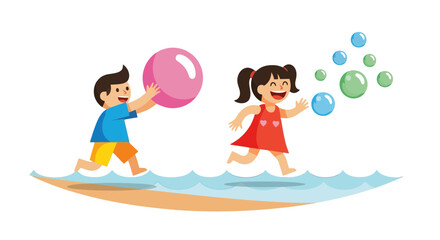 Kids Playing On The Beach: Joyful Summer Fun Illustration With Bubbles And A Ball