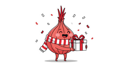 Joyful Onion Character Holding Present Box Amidst Festive Celebration Graphics