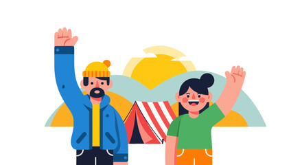 Joyful Outdoor Adventure: Camping Friends Waving Hand Drawn Illustration
