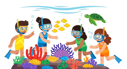 Kids Snorkelling Together With Marine Life And Exploring Colourful Underwater World