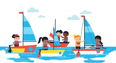 Kids Sailing Together on Colorful Sailboats and Enjoying a Beautiful Day on the Water