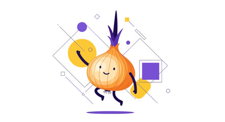 Joyful Onion Mascot Illustration With Geometric Shapes Floating in Deep Black Space