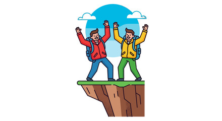 Joyful Outdoor Adventure: Celebration on a Summit with Colorful Cartoon Characters