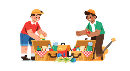 Joyful Outing: Friends Enjoying a Picnic Together Outdoors with Snacks and Guitar