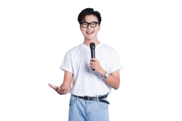 Speaker Expressing: An individual confidently addressing an audience. He is holding a microphone and wears spectacles, smiling and demonstrating confidence and communication.