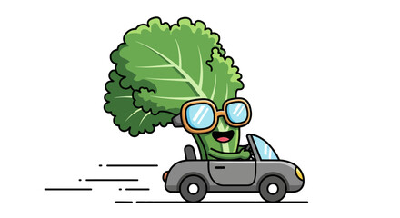 Lettuce Character Enjoying A Joyride In A Convertible Car, Smiling And Wearing Sunglasses