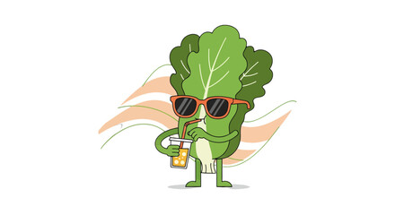 Lettuce Character Enjoying Refreshing Drink with Wings on Black Background