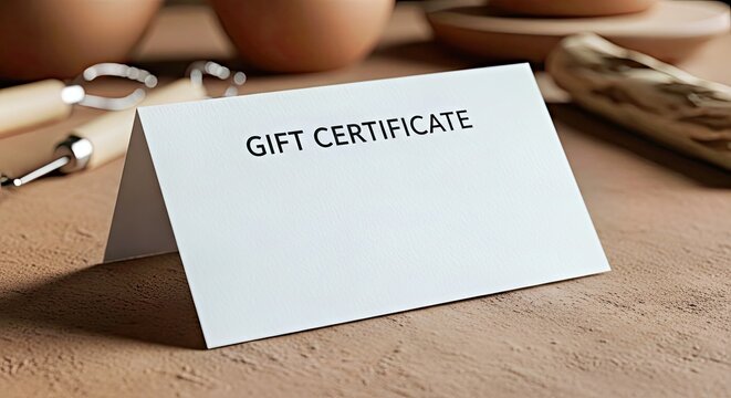 Gift Certificate on Wooden Table with Coffee and Pastries