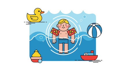 Little Boy Enjoying a Bathing Adventure in the Sea with Toys and Duck