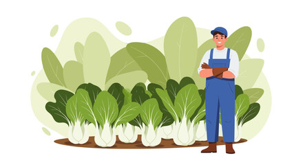 Local Farmer Proudly Standing Beside Fresh Bok Choy Ready To Harvest For The Market
