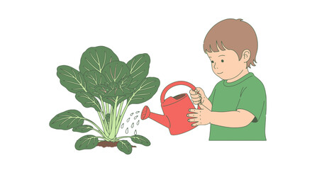 Little Boy Watering Plants in a Garden with a Red Watering Can and Plants