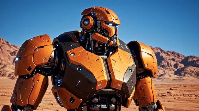 Black and orange armored robot in a vast arid desert
