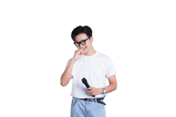 Man With Microphone in thought: A thoughtful individual in glasses, holding a microphone.