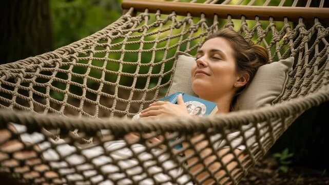 A woman relaxing and sleeping in a woven rope hammock outdoors. Person resting in a garden with a book on a summer day. Leisure and self-care concept