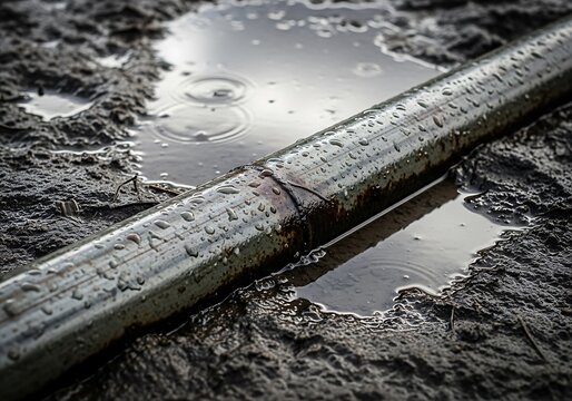 Metallic rod lies in a puddle after a rainfall, forming ripples around