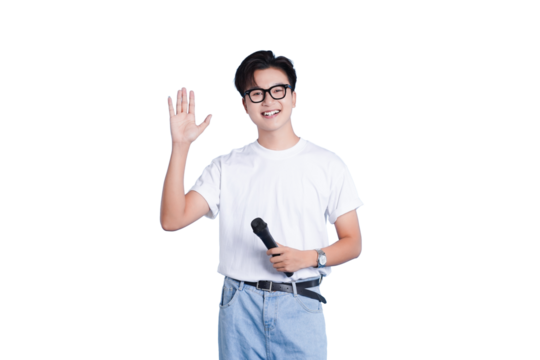 Enthusiastic Speaker: A charismatic speaker, glasses and a casual outfit, confidently addresses an unseen audience with a microphone in hand, his warm expression conveys engagement, trust.