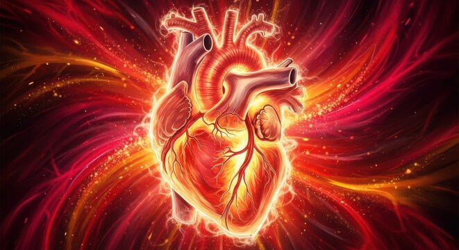 Vibrant human heart with glowing aura and fiery effects
