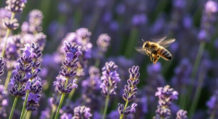 A bee in flight among vibrant purple lavender flowers in a sunny field, capturing a moment of pollination.