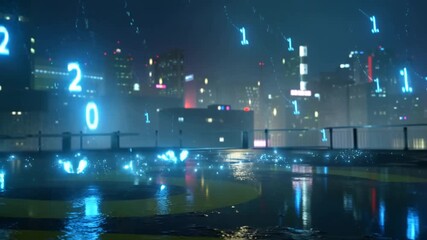 A Futuristic Cityscape Illuminated by Digital Rain and Glowing Binary Code, Merging Urban Life with Virtual Reality in a Luminous Urban Landscape
