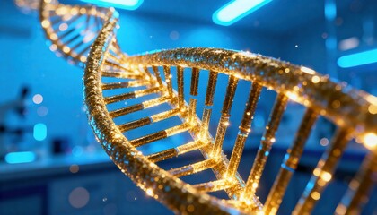 A glowing golden DNA double helix structure in a scientific laboratory setting.