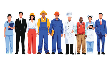 Fototapeta premium Multicultural Workforce Illustration: Standing People in Different Professional Attire. 