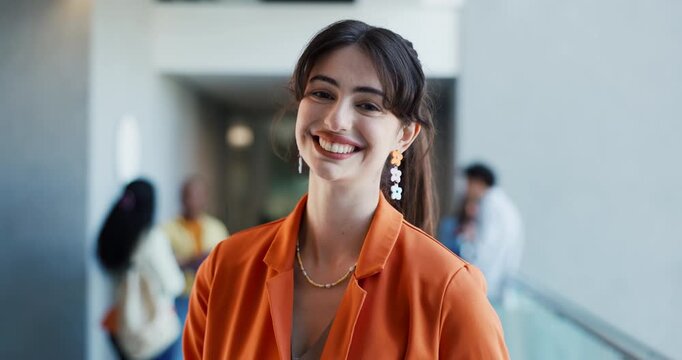 Office, creative and face of business woman in hallway for style review, publishing and magazine editor. Lobby, fashion journalist and portrait of person with confidence, pride and smile for career