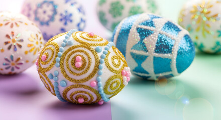 Delicate Easter eggs with intricate gold glitter patterns and pastel decorations for springtime celebrations and cheerful festive designs, ready for egg hunts