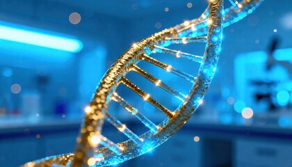 A glowing golden DNA double helix structure in a scientific laboratory setting with sparkling particles.