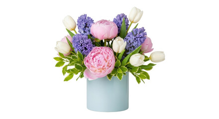 Isolated floral arrangement with pink peonies, purple hyacinth and white tulips in a light blue vase