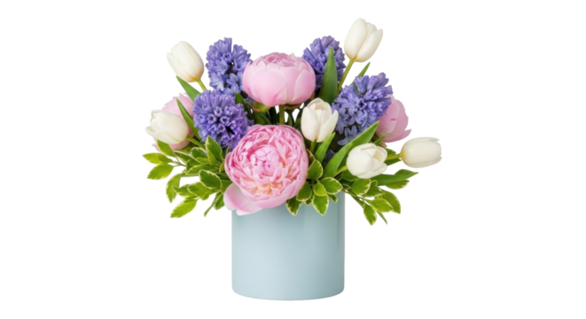 Isolated floral arrangement with pink peonies, purple hyacinth and white tulips in a light blue vase