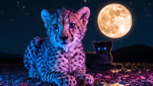 Neon-lit cheetah cub sitting under a huge glowing full moon