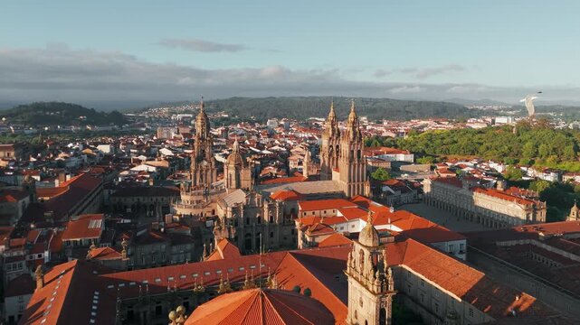 Aerial view of the Cathedral of Santiago de Compostela at sunrise in Spain