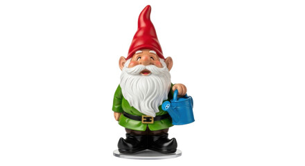 Isolated garden gnome figurine holding watering can for yard ornament or patio décor, no background