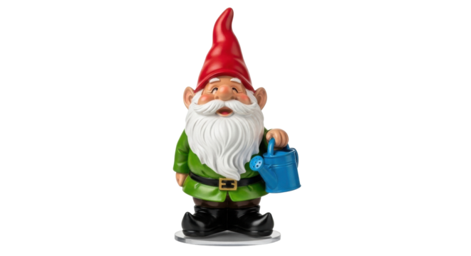 Isolated garden gnome figurine holding watering can for yard ornament or patio décor, no background