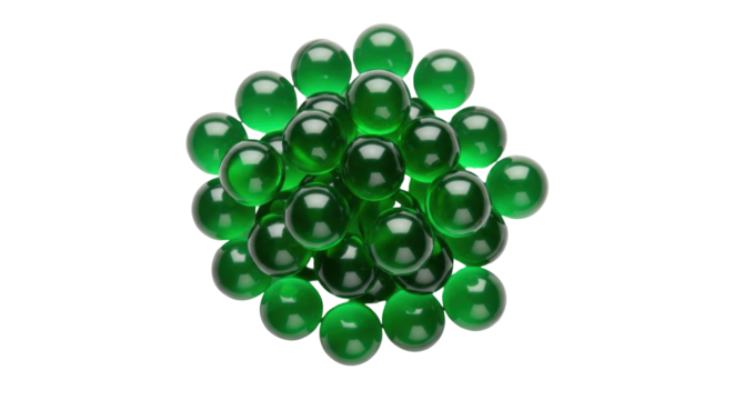 Isolated green translucent orbs, a pile of small translucent sphere shaped objects