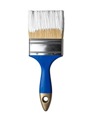 Single, bright blue paint brush whit white color paint on brushes, transparent background.