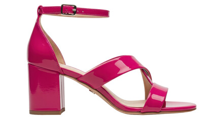 Isolated Elegant hot pink high-heeled sandal with ankle strap, shiny and new stylish shoe