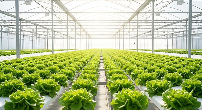 Vibrant hydroponic lettuce cultivation inside a modern industrial greenhouse