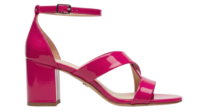 Isolated Elegant hot pink high-heeled sandal with ankle strap, shiny and new stylish shoe