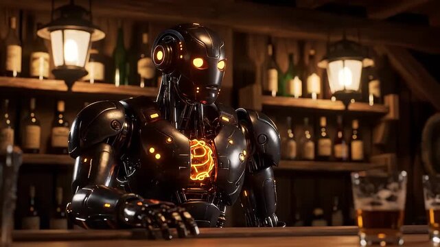 Silver humanoid robot standing at a rustic wooden tavern bar