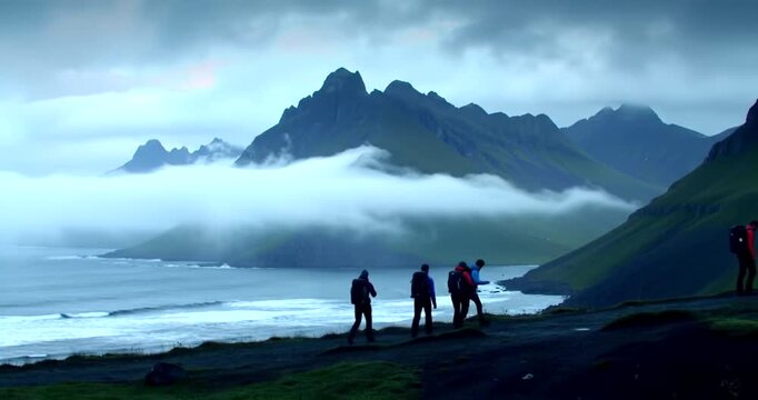 Hikers exploring a misty coastal landscape with mountains in the background