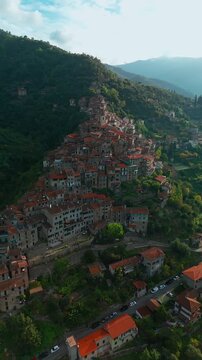 Aerial view of the picturesque hilltop town of Apricale, Liguria, Northern Italy