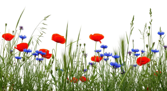 Isolated meadow with blooming red poppies and blue cornflowers in summer wildflowers - Powered by Adobe
