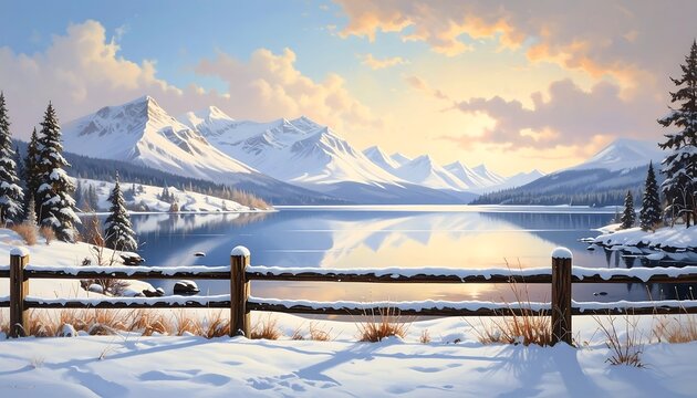 Serene winter landscape: Snow-covered mountains reflected in a peaceful lake - Powered by Adobe