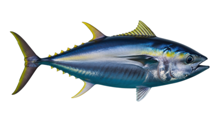 Isolated Yellowfin Tuna Fish Full Body, Pacific Ocean Saltwater Species, Fresh Marine Life